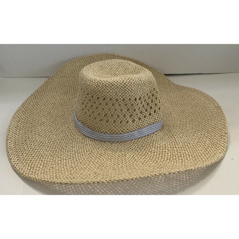 Beach sun hat blue white stripe ribbon wide brim WORN ONCE Beautiful